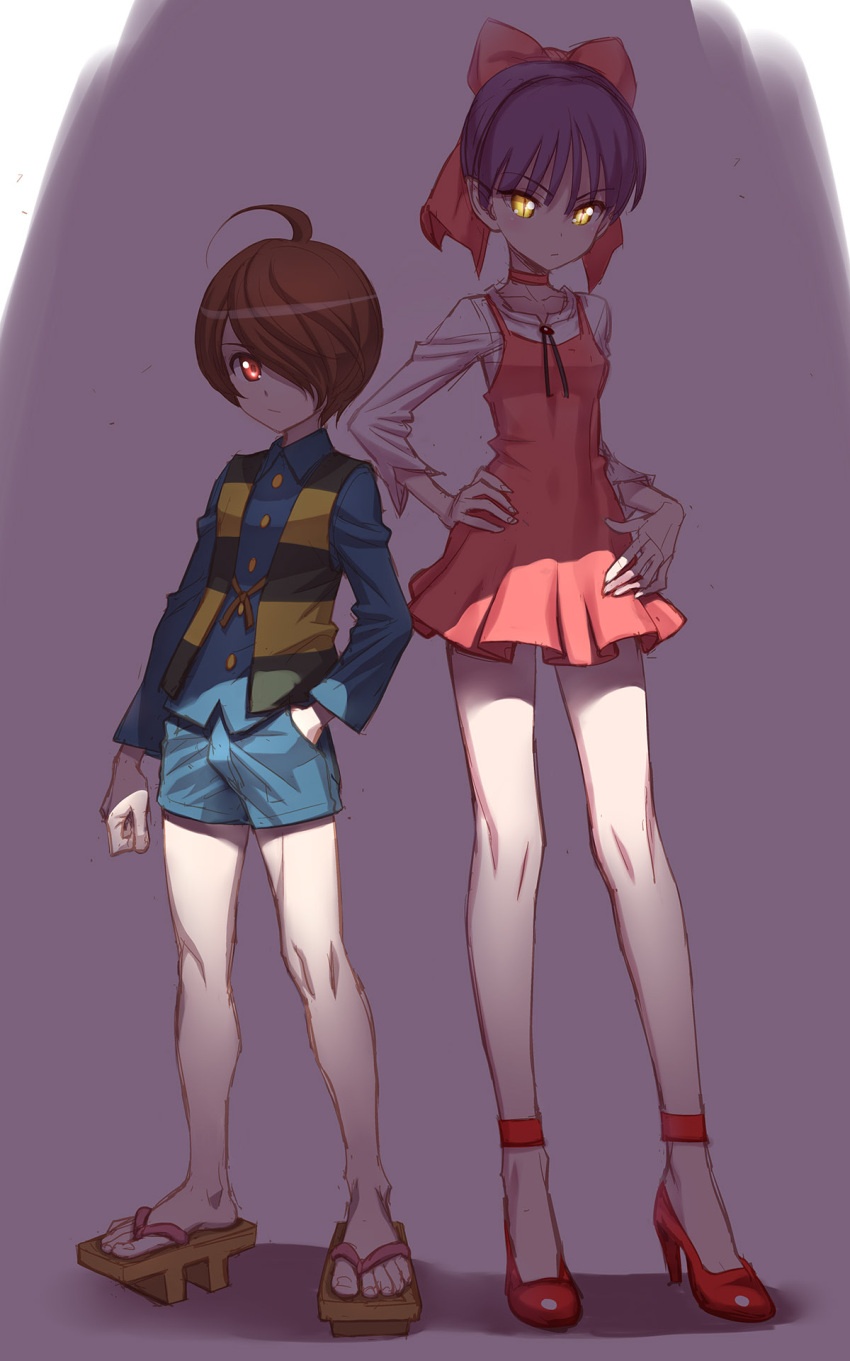 1boy 1girl anklet blue_shirt blue_shorts bow brown_hair brown_vest cat_girl choker closed_mouth collared_shirt commentary_request darkness dress full_body gegege_no_kitarou geta glowing glowing_eyes hair_bow hair_over_one_eye hand_in_pocket hands_on_hips high_heels highres jewelry kitarou layered_clothing light_frown long_sleeves looking_at_viewer minazuki_juuzou nekomusume_(gegege_no_kitarou_6) purple_hair red_bow red_choker red_dress red_eyes red_footwear shadow shirt short_dress short_hair shorts side-by-side standing v-shaped_eyebrows vest white_shirt yellow_eyes