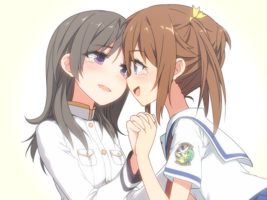 2girls asterisk_(artist) badge black_hair blue_eyes brown_hair china_moeka eye_contact hand_holding high_school_fleet looking_at_another medium_hair military military_uniform misaki_akeno multiple_girls naval_uniform red_neckwear sailor_collar school_uniform serafuku shirt short_hair simple_background tears twintails uniform upper_body violet_eyes white_background white_sailor_collar white_shirt yokosuka_girls_marine_high_school_uniform