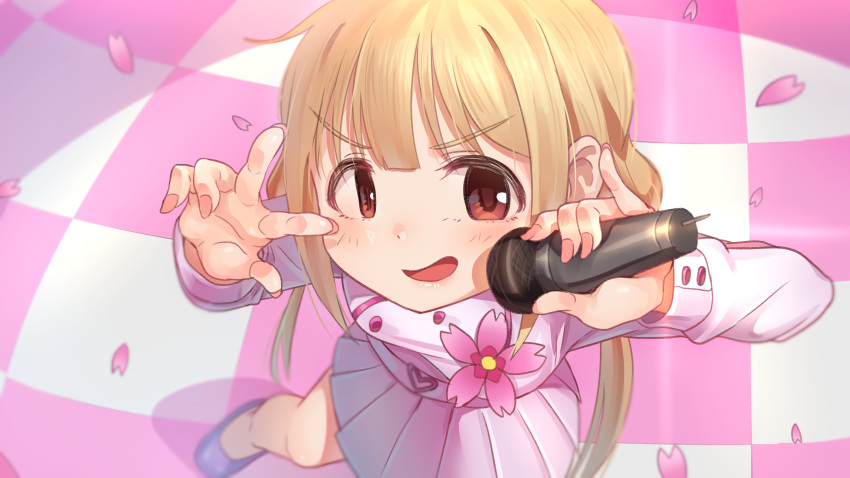 1girl absurdres blonde_hair blush brown_eyes eyebrows_visible_through_hair flower futaba_anzu highres holding holding_microphone idolmaster idolmaster_cinderella_girls kamille_(vcx68) kira!_mankai_smile long_hair long_sleeves looking_at_viewer microphone open_mouth pink_skirt skirt smile solo twintails v