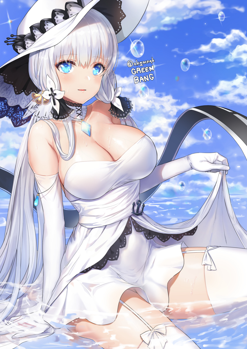 1girl absurdres anchor arm_at_side artist_name azur_lane bare_shoulders bell blue_eyes blue_sky blush breasts cleavage clouds day detached_collar dress eyebrows_visible_through_hair garter_straps gem glint greem_bang hair_bell hair_ornament hat highres illustrious_(azur_lane) jewelry large_breasts layered_dress long_hair necklace ocean outdoors parted_lips pendant shallow_water silver_hair sitting skirt_hold sky solo sparkle strapless strapless_dress sun_hat sweat tareme thigh-highs thighs tri_tails twitter_username very_long_hair water white_dress white_hat white_legwear zettai_ryouiki
