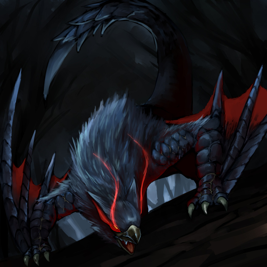 animal_ears black_hair dragon highres long_hair monster monster_hunter nargacuga no_humans red_eyes solo tail tesshii_(riza4828) wyvern