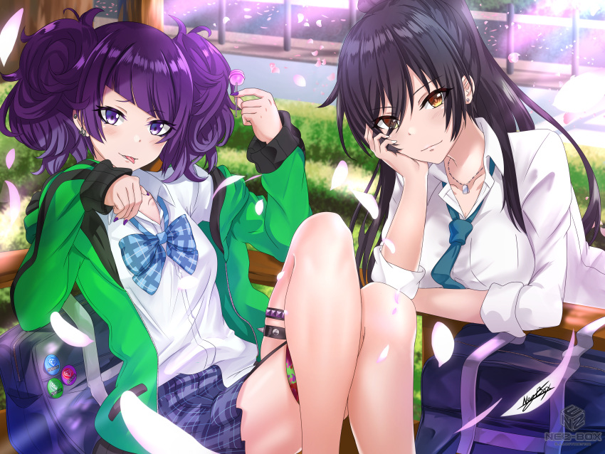 2girls :p absurdres arm_support bangs black_choker black_hair bow bowtie breasts candy cherry_blossoms choker cleavage dog_tags eyebrows_visible_through_hair eyes_visible_through_hair food green_jacket highres idolmaster idolmaster_shiny_colors jacket large_breasts lollipop long_hair loose_bowtie multiple_girls nail_polish nez-kun petals plaid plaid_neckwear plaid_skirt pleated_skirt ponytail purple_hair purple_nails school_uniform shirase_sakuya short_twintails signature skirt spiked_choker spikes tanaka_mamimi tongue tongue_out twintails violet_eyes watermark yellow_eyes