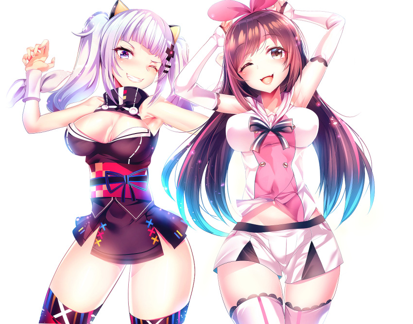 2girls ;d a.i._channel armpits bare_shoulders black_dress blue_eyes breasts brown_hair cleavage commentary_request cowboy_shot crossover detached_sleeves dress fangs grey_eyes grin hair_ornament hairclip kaguya_luna kaguya_luna_(character) kizuna_ai large_breasts long_hair long_sleeves looking_at_viewer multicolored_hair multiple_girls obi one_eye_closed open_mouth pink_hair sailor_collar sailor_shirt sash shirt short_shorts shorts silly_(marinkomoe) silver_hair simple_background sleeveless sleeveless_dress sleeveless_shirt sleeves_past_wrists smile streaked_hair thigh-highs twintails very_long_hair virtual_youtuber white_background white_legwear white_sailor_collar white_shirt white_shorts