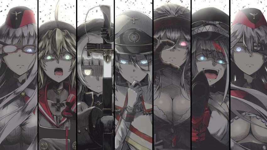 6+girls absurdres adjusting_eyepatch admiral_hipper_(azur_lane) ahoge aqua_eyes azur_lane bangs bare_shoulders beret black_gloves black_hair black_hat blonde_hair blue_eyes blunt_bangs breasts buttons choker cleavage closed_mouth commentary_request crossed_bangs deutschland_(azur_lane) disgust drawing_sword earrings expressionless eyebrows_visible_through_hair eyepatch eyes_visible_through_hair floating_hair fur_trim garrison_cap glasses gloves glowing glowing_eyes gneisenau_(azur_lane) goggles goggles_on_headwear graf_zeppelin_(azur_lane) green_eyes gun hair_between_eyes hair_ornament half-closed_eyes hand_on_own_chin hat highres holding holding_gun holding_sword holding_weapon iron_cross jacket jewelry large_breasts light_particles long_hair looking_at_viewer military military_uniform mole mole_under_eye multicolored multicolored_clothes multicolored_gloves multicolored_hair multicolored_jacket multiple_girls open_mouth peaked_cap pointing pointing_at_viewer reaching_out red-framed_eyewear red_eyes redhead scharnhorst_(azur_lane) serious shaded_face shirt short_hair sidelocks silver_hair smile streaked_hair summersketch sword teeth tirpitz_(azur_lane) tongue two_side_up under_boob uniform very_long_hair weapon white_gloves white_shirt wind yellow_eyes z46_(azur_lane)