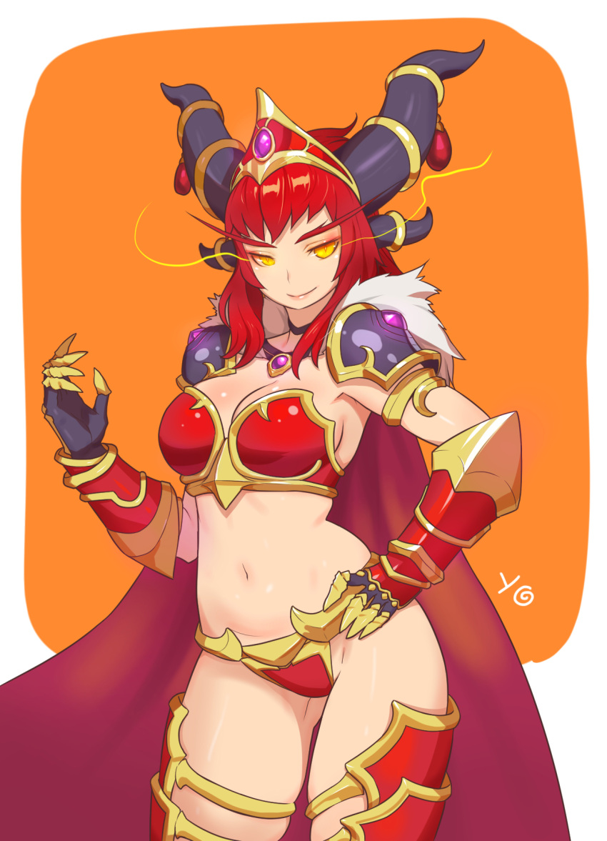 1girl alexstrasza armor bikini bikini_armor black_choker cape choker dragon_girl gauntlets hand_on_hip heroes_of_the_storm highres horn_ornament horns jewelry kim_jin_sung long_eyebrows long_hair looking_at_viewer navel necklace pauldrons red_bikini redhead smile solo strapless strapless_bikini swimsuit tiara warcraft world_of_warcraft yellow_eyes