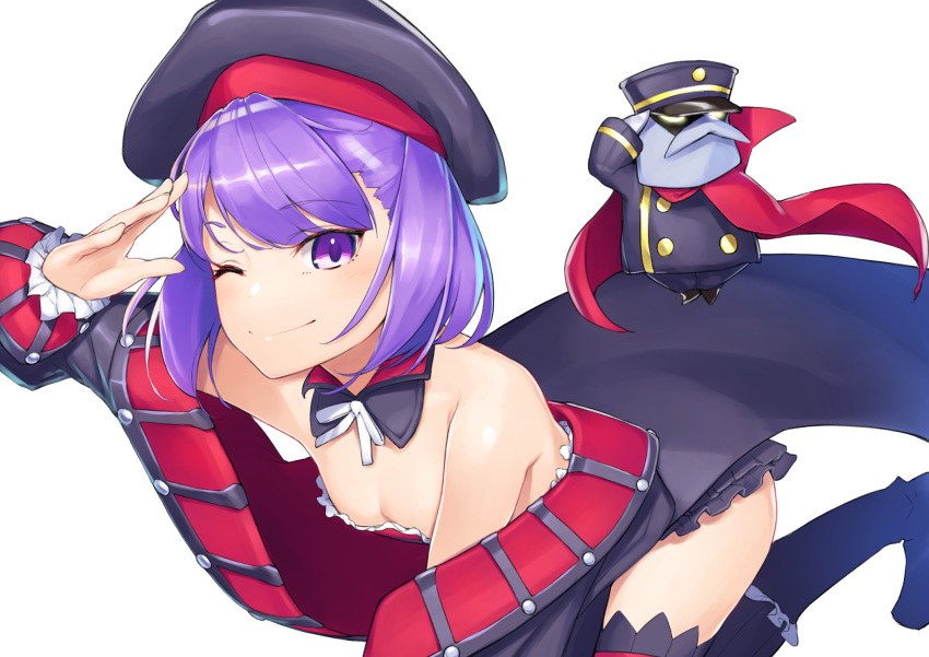 1girl automaton_(object) bare_shoulders black_hat black_legwear breasts colonel_olcott_(fate/grand_order) commentary_request dabuki detached_collar doll dress fate/grand_order fate_(series) hat helena_blavatsky_(fate/grand_order) highres jacket looking_at_viewer one_eye_closed purple_hair salute short_hair simple_background small_breasts solo strapless strapless_dress thigh-highs tree_of_life violet_eyes white_background