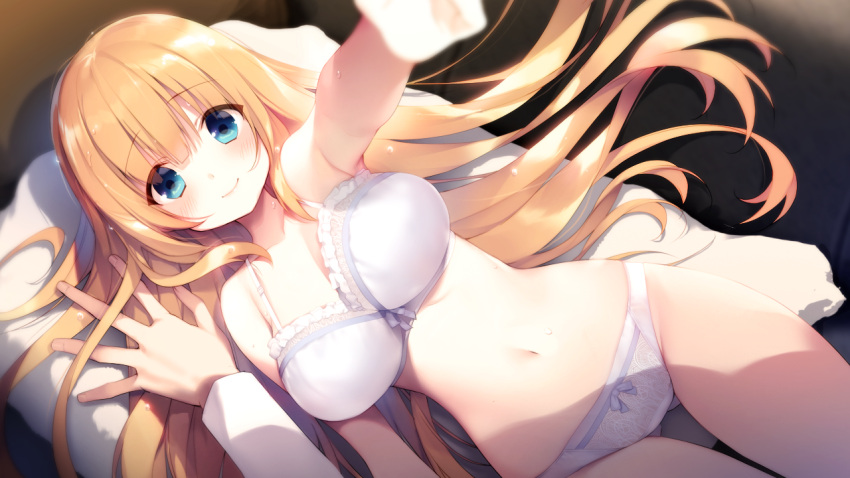 1girl arm_up blonde_hair blue_eyes blurry bra breasts cleavage copyright_request cowboy_shot depth_of_field eyebrows_visible_through_hair game_cg gluteal_fold hatori_piyoko large_breasts long_hair looking_at_viewer navel outstretched_hand panties smile solo_focus sweat underwear underwear_only very_long_hair white_bra white_panties