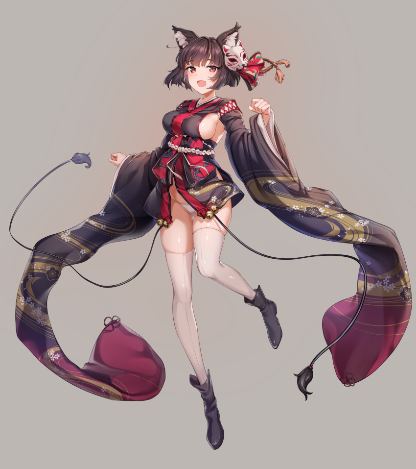1girl :d animal_ears azur_lane bangs bell black_footwear black_hair blush boots breasts cat_ears eyebrows_visible_through_hair fox_mask full_body gluteal_fold highres ikomochi japanese_clothes jingle_bell kimono large_breasts looking_at_viewer mask mask_on_head open_mouth panties red_eyes short_hair sideboob simple_background smile solo thigh-highs underwear white_legwear white_panties wide_sleeves yamashiro_(azur_lane)