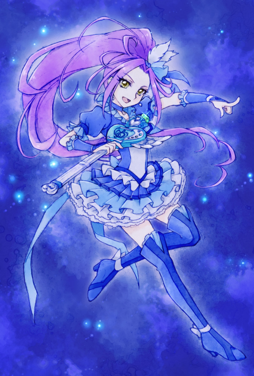 1girl :d aizen_(syoshiyuki) blue blue_background blue_footwear blue_neckwear blue_skirt boots choker cure_beat frilled_skirt frills full_body g-clef_(suite_precure) hair_ornament highres kurokawa_eren long_hair looking_at_viewer love_guitar_rod magical_girl open_mouth ponytail precure purple_hair seiren_(suite_precure) skirt smile solo suite_precure thigh-highs thigh_boots wrist_cuffs yellow_eyes