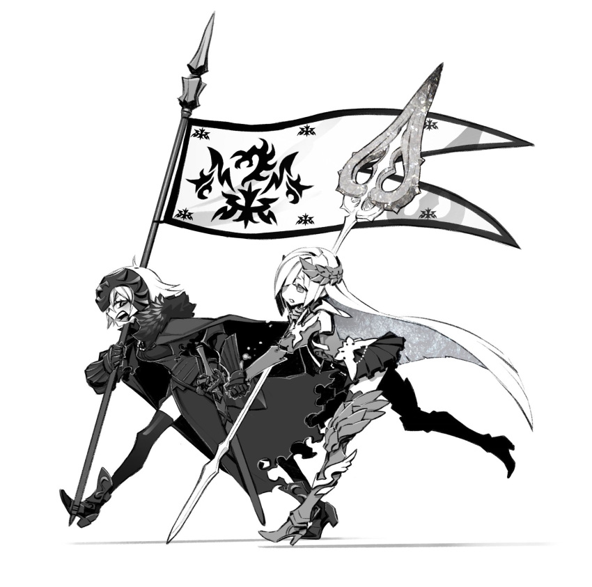 2girls armor banner blush boots brynhildr_(fate) cloak fate/grand_order fate_(series) flag flagpole fur_trim greaves greyscale hand_holding headpiece highres holding holding_flag jeanne_d'arc_(alter)_(fate) jeanne_d'arc_(fate)_(all) long_hair miwa_shirou monochrome multiple_girls open_mouth scabbard sheath skirt tagme very_long_hair weapon