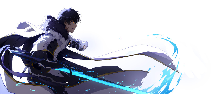 1boy absurdres black_gloves black_hair cowboy_shot elsword fur_trim furious_blade_(elsword) gloves highres holding holding_sword holding_weapon hood looking_away male_focus profile raven_(elsword) simple_background solo sword weapon white_background white_coat yellow_eyes yumuto_(spring1786)