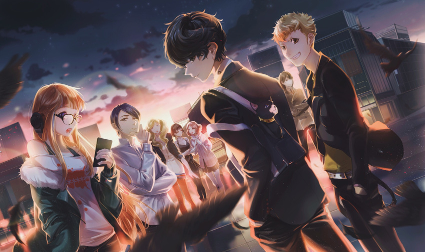 4boys 4girls amamiya_ren bag bird black_hair black_legwear black_pants black_skirt blonde_hair brown_eyes brown_jacket cat cellphone clouds crossed_arms dutch_angle eye_contact green_jacket grey_jacket hand_on_own_chin handbag hands_in_pockets headphones highres jacket kitagawa_yuusuke long_hair looking_at_another looking_at_viewer mozer_(zerlinda) multiple_boys multiple_girls niijima_makoto okumura_haru outdoors pants persona persona_5 phone redhead sakamoto_ryuuji sakura_futaba shirt short_hair skirt smile standing t-shirt takamaki_anne twintails white_legwear