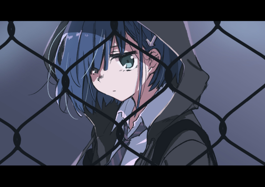 1girl black_hoodie black_neckwear blue_hair closed_mouth collared_shirt darling_in_the_franxx expressionless gradient gradient_background green_eyes grey_background hair_ornament hair_over_one_eye hairclip highres hood hood_up hoodie ichigo_(darling_in_the_franxx) letterboxed looking_at_viewer matsuda_hikari necktie open_clothes open_hoodie shirt short_hair solo striped_neckwear upper_body white_shirt wing_collar