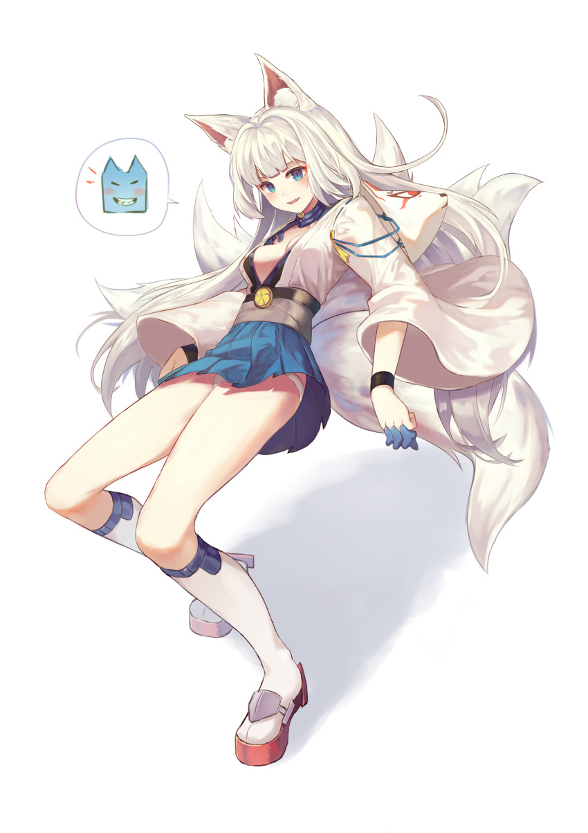 1girl absurdres animal_ears azur_lane blue_eyes blue_skirt breasts choker cleavage fox_ears fox_mask fox_tail full_body highres kaga_(azur_lane) kyuubi long_hair looking_at_viewer mask medium_breasts multiple_tails open_mouth simple_background skirt smile socks solo sugar_(dndi888) tail white_background white_hair