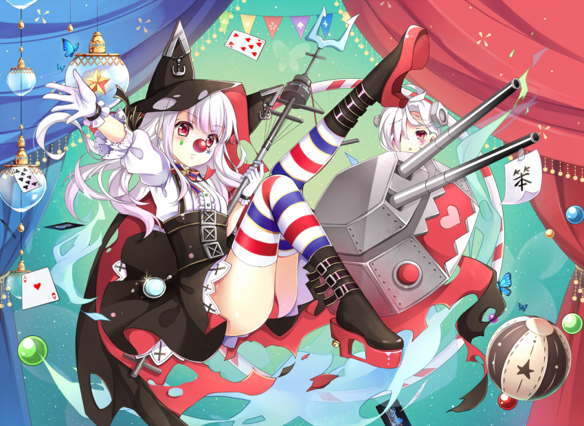 2girls :&lt; ace_of_hearts animal_hood april_fools azur_lane ball bangs black_cape black_footwear black_skirt blush bolt boots breasts cannon cape card center_frills closed_mouth clown_nose club_(shape) commentary_request curtains erebus_(azur_lane) eyebrows_visible_through_hair facial_mark frills gloves gyaza hair_over_one_eye heart heart_in_mouth high-waist_skirt holding hood hood_up hooded_cape leg_up long_hair multiple_girls outstretched_arm parted_lips pennant playing_card puffy_short_sleeves puffy_sleeves red_eyes shirt short_sleeves skirt small_breasts star string_of_flags striped striped_legwear terror_(azur_lane) thigh-highs torn_cape translation_request triangle_mouth turret white_gloves white_hair white_shirt