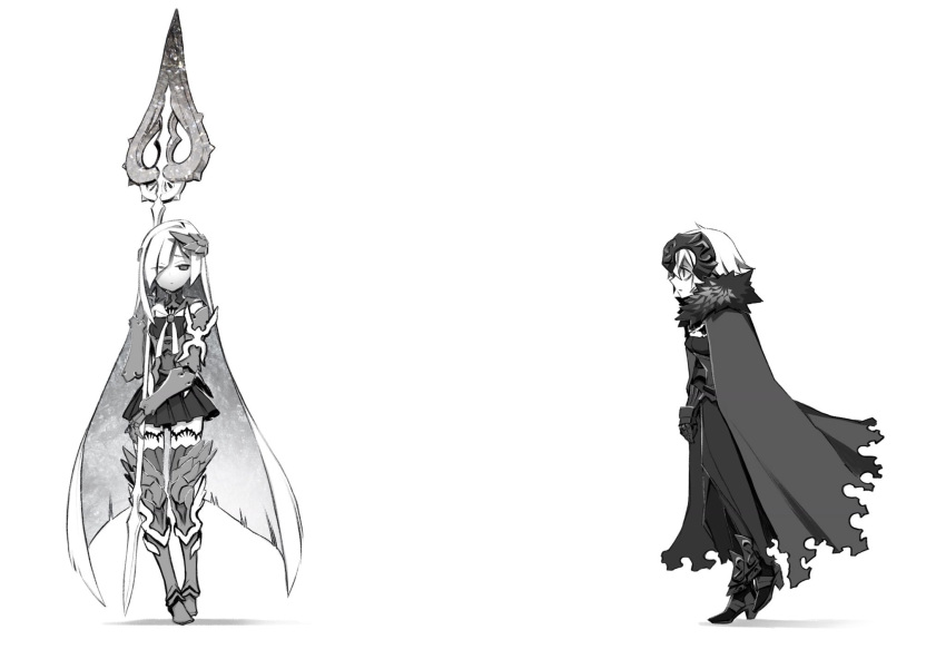 2girls armor boots brynhildr_(fate) cloak fate/grand_order fate_(series) fur_trim gauntlets greaves greyscale headpiece highres holding holding_spear holding_weapon jeanne_d'arc_(alter)_(fate) jeanne_d'arc_(fate)_(all) long_hair looking_at_another miwa_shirou monochrome multiple_girls polearm skirt spear tagme thigh-highs thigh_boots very_long_hair weapon white_background
