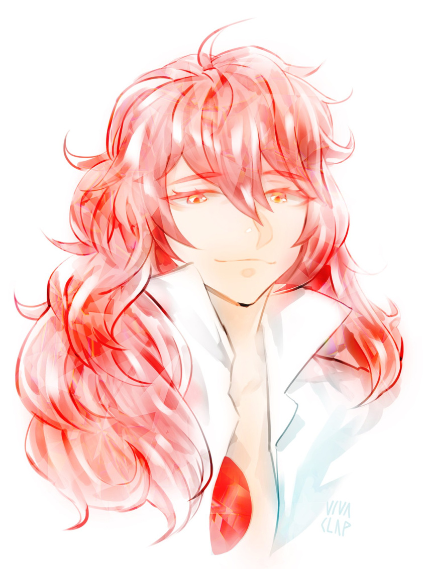 androgynous artist_name dong_hyun_lee gem highres houseki_no_kuni long_hair looking_at_viewer open_clothes open_shirt orange_eyes padparadscha_(houseki_no_kuni) red_eyes redhead signature smile solo upper_body vivaclap wavy_hair white_background