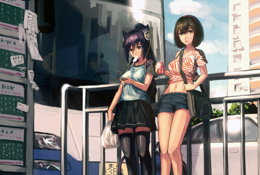 2girls absurdres animal_ears black_legwear breasts brown_eyes brown_hair can car cellphone cityscape food ground_vehicle headphones highres holding holding_can ice_cream looking_at_phone lumian motor_vehicle multiple_girls navel original phone ponytail shirt short_hair shorts skirt standing striped striped_shirt sweat t-shirt thigh-highs violet_eyes
