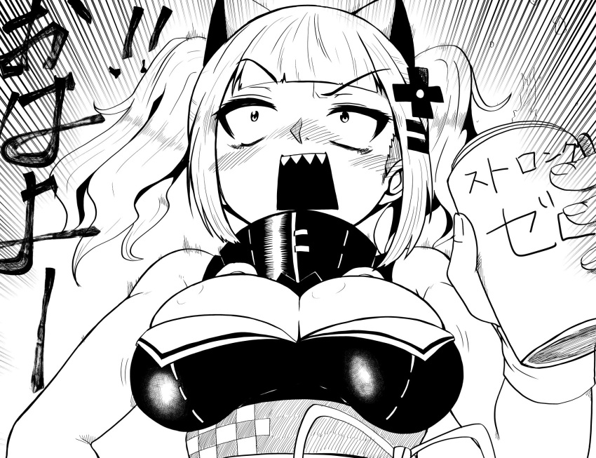 1girl bangs blush breasts cleavage commentary_request emphasis_lines eyebrows_visible_through_hair greyscale hair_ornament highres himajin_noizu holding kaguya_luna kaguya_luna_(character) large_breasts monochrome nose_blush open_mouth sharp_teeth skindentation solo teeth twintails upper_body