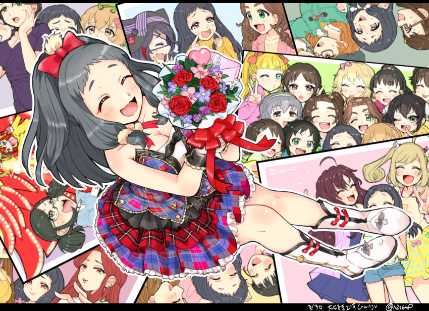 6+girls :p ahoge akagi_miria aqua_eyes araki_hina bare_shoulders birthday black_eyes black_hair blonde_hair blush boots bouquet bow breasts brown_eyes brown_hair choko_omochi cleavage closed_eyes commentary_request dated dress fang fingersmile flower frilled_dress frills fukuyama_mai glasses gloves green_eyes grey_hair hair_bow hair_ornament hair_ribbon hairband hairclip hayasaka_mirei heart highres hyou-kun ichinose_shiki idolmaster idolmaster_cinderella_girls idolmaster_cinderella_girls_starlight_stage iguana_(animal) jacket koga_koharu kusakabe_wakaba l.m.b.g large_breasts light_brown_hair long_hair makihara_shiho mary_cochran matoba_risa multicolored_hair multiple_girls nanjou_hikaru narumiya_yume neck_ribbon okuyama_saori one_eye_closed oonuma_kurumi open_mouth photo_(object) plaid plaid_dress ponytail purple_hair red_ribbon ribbon rose saejima_kiyomi sakurai_momoka sasaki_chie satou_shin shinohara_rei short_hair short_twintails sleeveless sleeveless_dress smile streaked_hair tachibana_arisu tongue tongue_out twintails twitter_username two-tone_hair ueda_suzuho wavy_hair wavy_mouth white_gloves wrist_cuffs yanase_miyuki yellow_eyes zaizen_tokiko