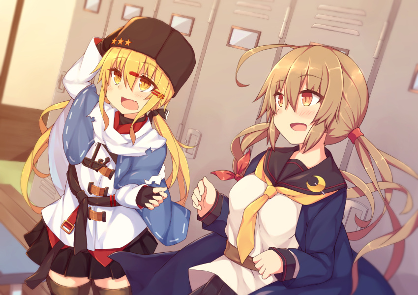 2girls abekawa_mochi alternate_legwear black_bow black_gloves black_hat black_skirt blonde_hair blue_jacket blue_shawl boots bow brown_eyes brown_hair brown_legwear cosplay costume_switch crescent crescent_moon_pin fingerless_gloves gloves hair_between_eyes hair_bow hair_ornament hairclip hat jacket kantai_collection locker locker_room long_hair long_sleeves low_twintails multiple_girls neckerchief papakha red_shirt ribbon_trim satsuki_(kantai_collection) satsuki_(kantai_collection)_(cosplay) scarf school_uniform shirt skirt star tashkent_(kantai_collection) tashkent_(kantai_collection)_(cosplay) thigh-highs thigh_boots twintails untucked_shirt white_jacket white_scarf yellow_eyes yellow_neckwear