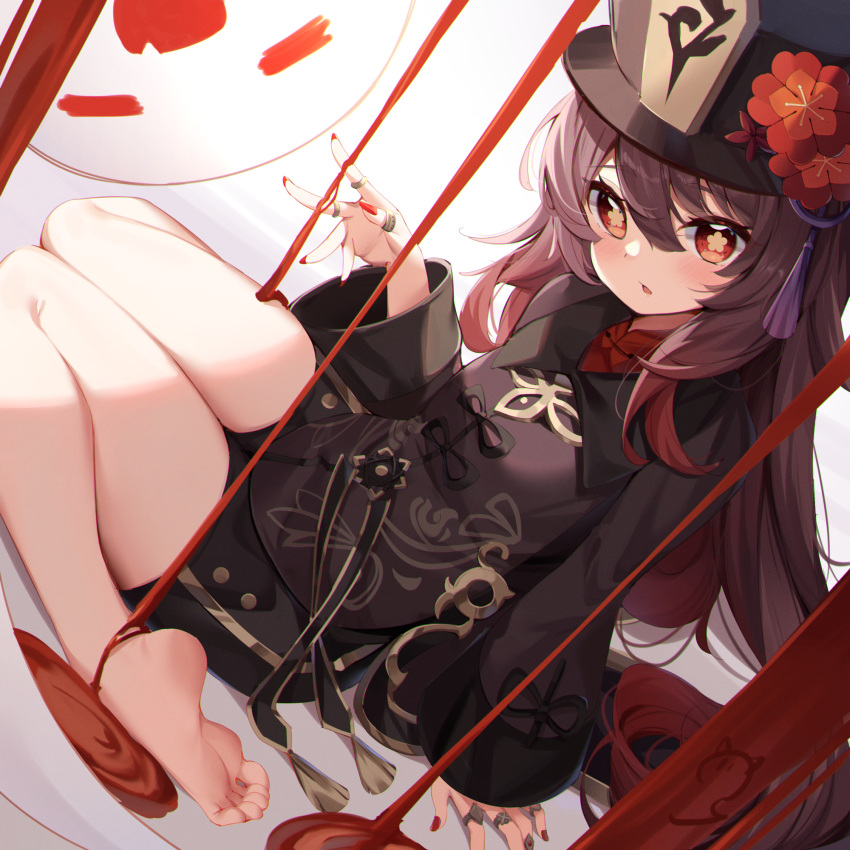 1girl :o arm_support bangs barefoot black_headwear black_shorts blood brown_hair chinese_clothes eyebrows_visible_through_hair flower flower-shaped_pupils genshin_impact hair_between_eyes hat highres hu_tao jewelry long_hair long_sleeves looking_at_viewer nahaki nail_polish open_mouth red_eyes red_flower red_nails ring shirt short_shorts shorts simple_background sitting soles solo symbol-shaped_pupils symbol_commentary very_long_hair wariza wide_sleeves