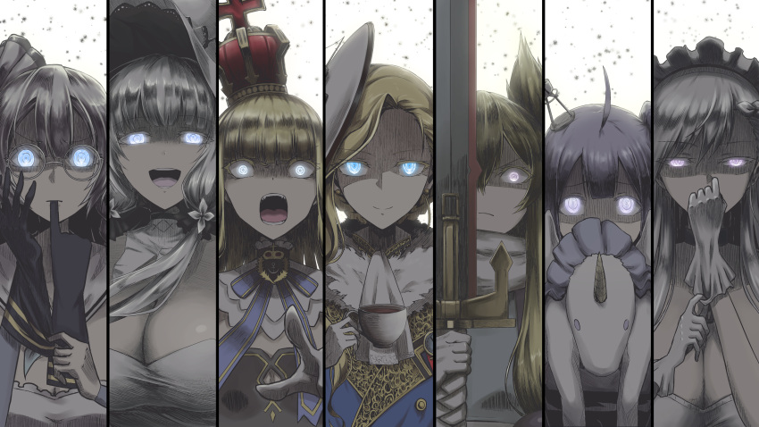 6+girls absurdres ahoge animal_ears azur_lane bangs bare_shoulders belfast_(azur_lane) black_ribbon blonde_hair blue_eyes blunt_bangs blush bow braid breasts chains cleavage clenched_hand closed_mouth collar collarbone covered_mouth crown cup detached_sleeves doll dress earrings edinburgh_(azur_lane) elbow_gloves eyebrows_visible_through_hair eyes_visible_through_hair floating_hair french_braid frills glasses glove_in_mouth glove_pull gloves glowing glowing_eyes grey_eyes hair_between_eyes hair_bow hair_bun hair_ornament hair_over_shoulder hair_ribbon hairband half-closed_eyes hat headgear highres holding holding_cup holding_sword holding_weapon hood hood_(azur_lane) illustrious_(azur_lane) jewelry large_breasts long_hair looking_at_viewer low_twintails maid maid_headdress mini_crown mole mole_under_eye mouth_hold multiple_girls namesake open_mouth purple_hair queen_elizabeth_(azur_lane) ribbon round_eyewear scarf side_bun sidelocks silver_hair smile stuffed_animal stuffed_toy stuffed_unicorn summersketch sword tea teacup tongue tress_ribbon twintails unicorn_(azur_lane) union_jack very_long_hair violet_eyes warspite_(azur_lane) weapon white_dress white_gloves white_hair white_scarf