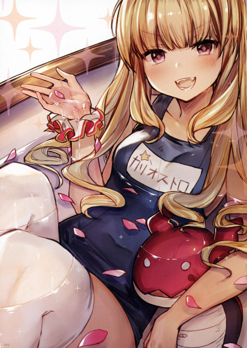 &gt;:d 1girl :d absurdres bangs bathtub blonde_hair blue_swimsuit blush breasts cagliostro_(granblue_fantasy) covered_navel eyebrows_visible_through_hair granblue_fantasy hand_up highres long_hair looking_at_viewer medium_breasts name_tag one-piece_swimsuit open_mouth partially_submerged petals reclining ryuuji_teitoku scan school_swimsuit scrunchie smile solo swimsuit thigh-highs v-shaped_eyebrows violet_eyes white_legwear wrist_scrunchie