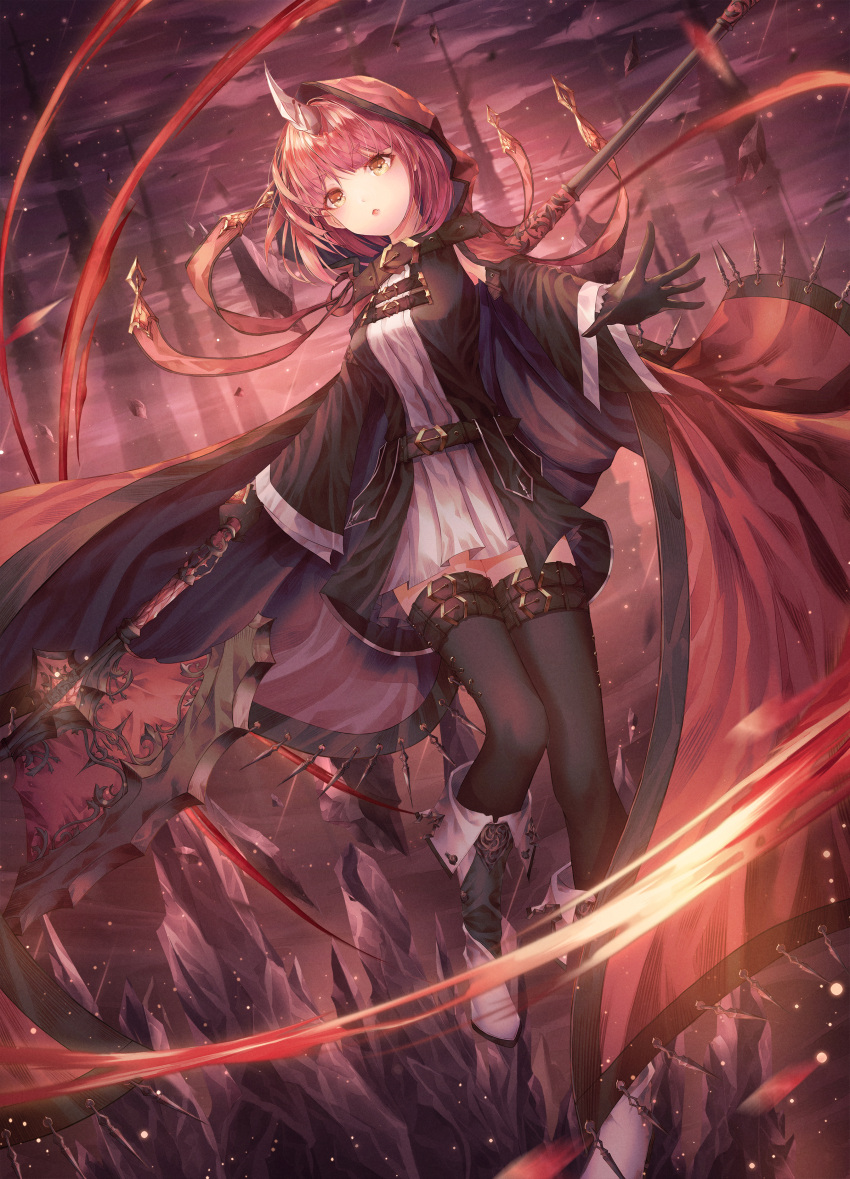1girl :o absurdres bangs belt black_gloves black_legwear boots brown_eyes cape detached_sleeves dress fang full_body gloves highres holding horn knee_boots long_sleeves momingie original outstretched_arms purple_hair scenery short_hair sky solo standing standing_on_one_leg thigh-highs zettai_ryouiki