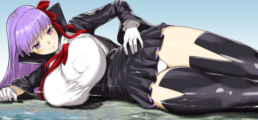 1girl bb_(fate/extra_ccc) black_dress blush breasts city closed_mouth clouds crater destruction dress fate/extra fate/extra_ccc fate_(series) giantess gloves hand_on_hip highres huge_breasts long_sleeves lying mountain ocean on_side panties purple_hair rakia_(ds00309) solo straight_hair thigh-highs underwear violet_eyes white_dress white_gloves white_panties