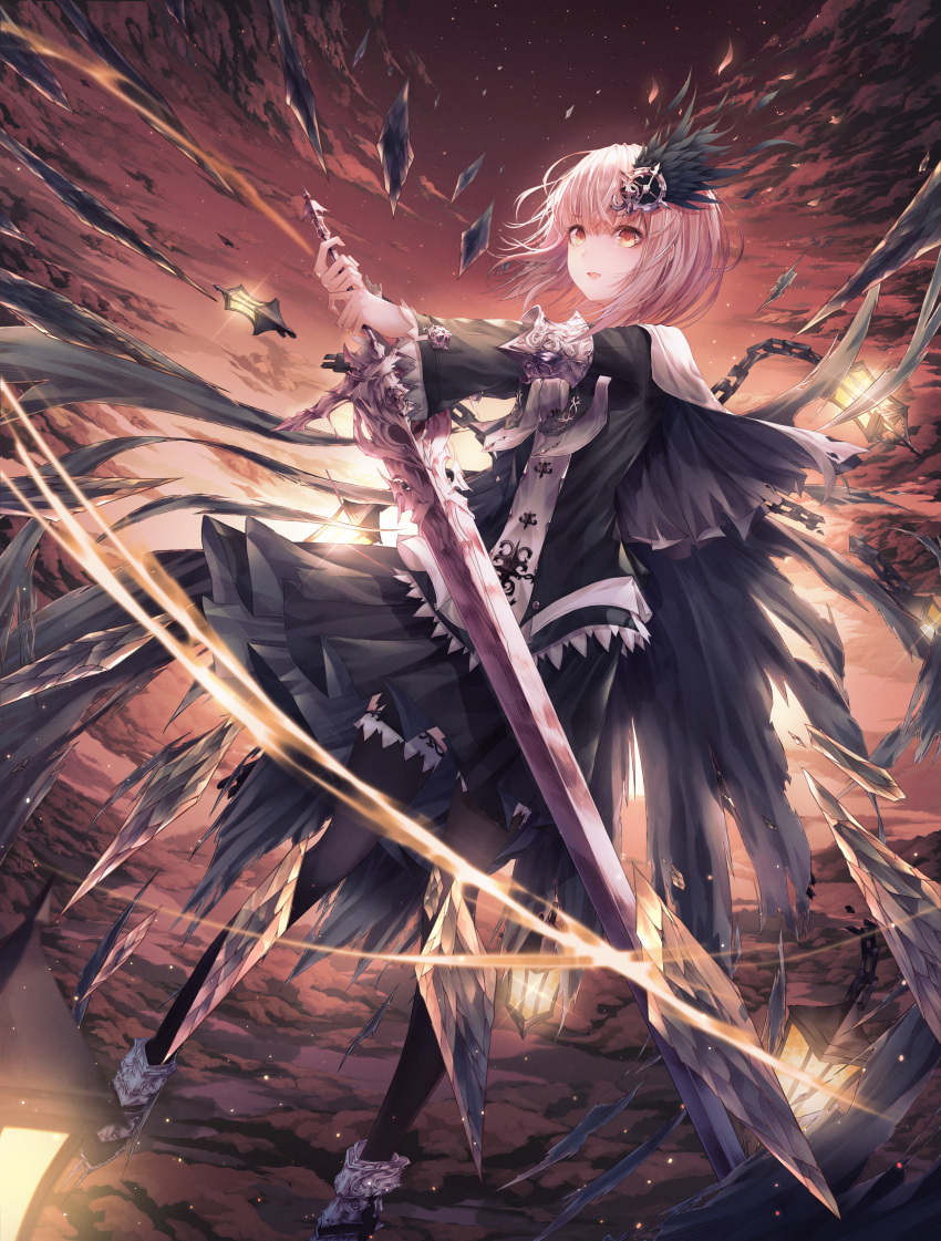 1girl :d absurdres armor bangs boots dress evening highres holding holding_sword holding_weapon light looking_at_viewer momingie open_mouth original scenery short_hair sky smile solo standing sword thigh-highs weapon