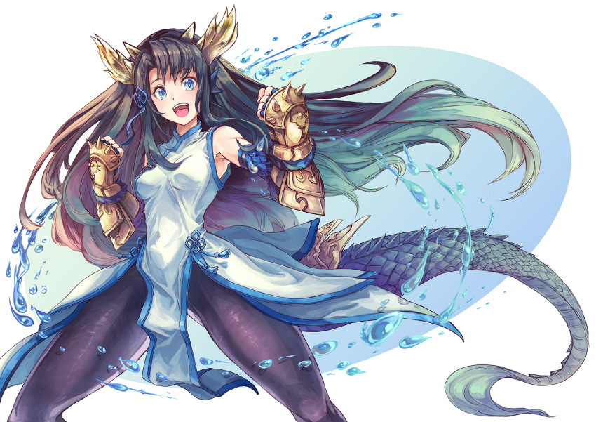 1girl armpits black_hair black_legwear blue_dress blue_eyes blush brown_hair china_dress chinese_clothes clenched_hands dragon_girl dragon_horns dragon_tail dress gauntlets gradient_hair green_hair hair_ornament head_fins highres horns karin_(p&amp;d) long_hair multicolored_hair open_mouth pantyhose puzzle_&amp;_dragons scales shouma_(bravespiritya) solo spiked_knuckles tail very_long_hair