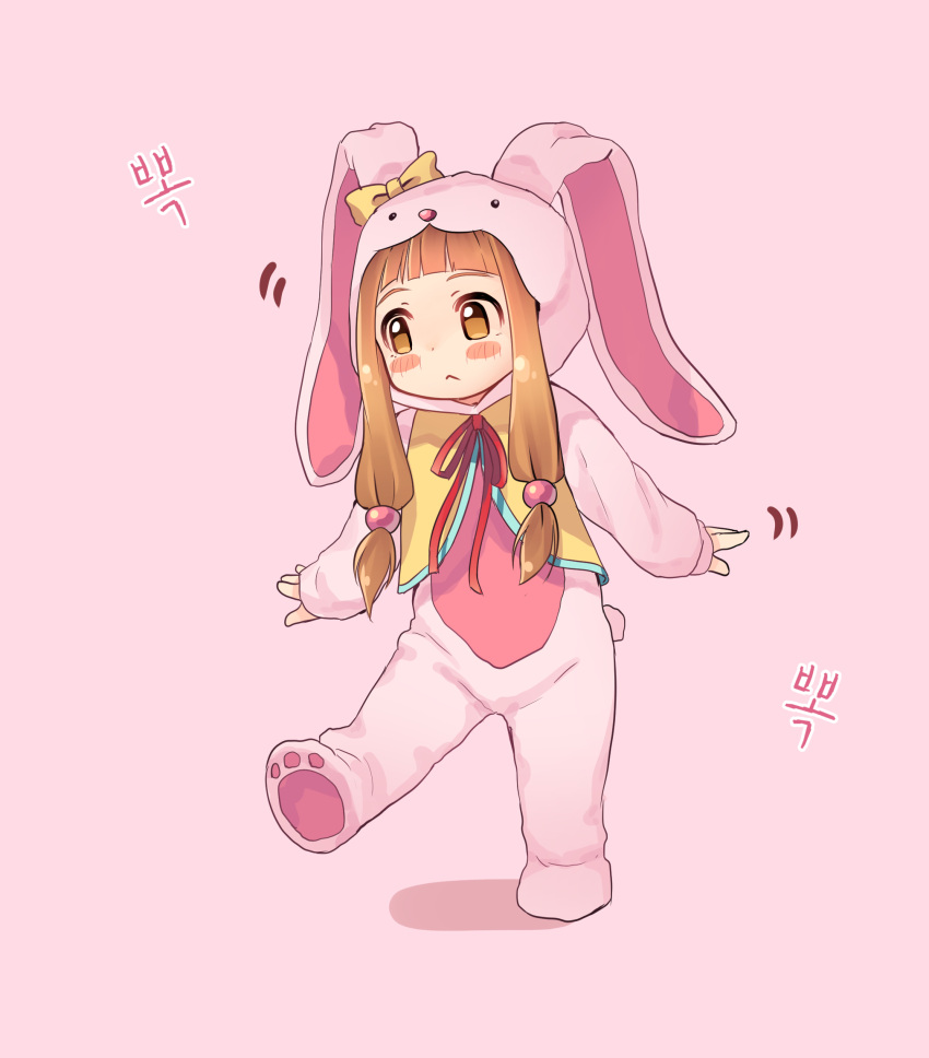 1girl :&lt; animal_costume blush blush_stickers bow brown_eyes brown_hair bunny_costume chibi closed_mouth eyebrows highres ichihara_nina idolmaster idolmaster_cinderella_girls kamille_(vcx68) long_hair looking_away pink_background simple_background sleeves_past_wrists solo twintails yellow_bow