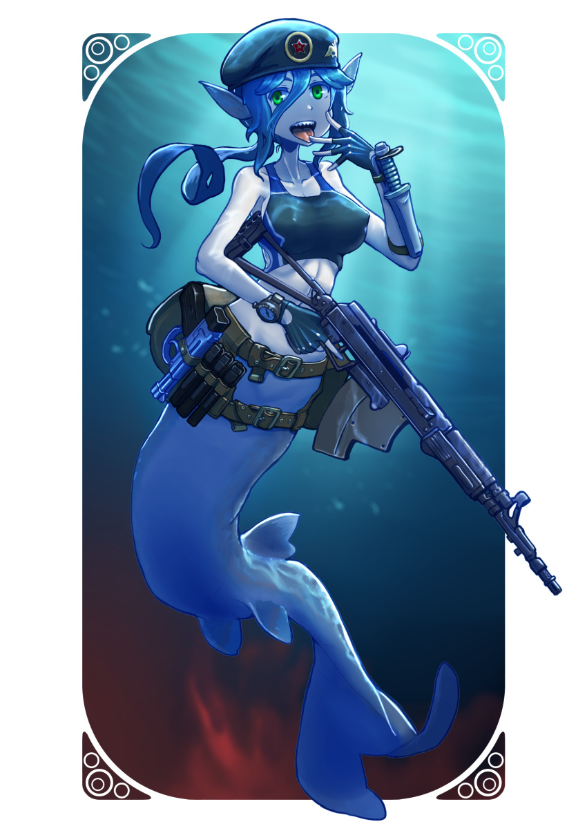 1girl :d absurdres assault_rifle belt beret black_gloves blue_hair breasts erect_nipples erica_(naze1940) fingerless_gloves gloves green_eyes gun hand_holding hat highres holding holding_gun holding_weapon holster long_hair looking_at_viewer mermaid monster_girl open_mouth original pale_skin pointy_ears ponytail rifle sharp_teeth smile solo tank_top teeth tongue tongue_out weapon