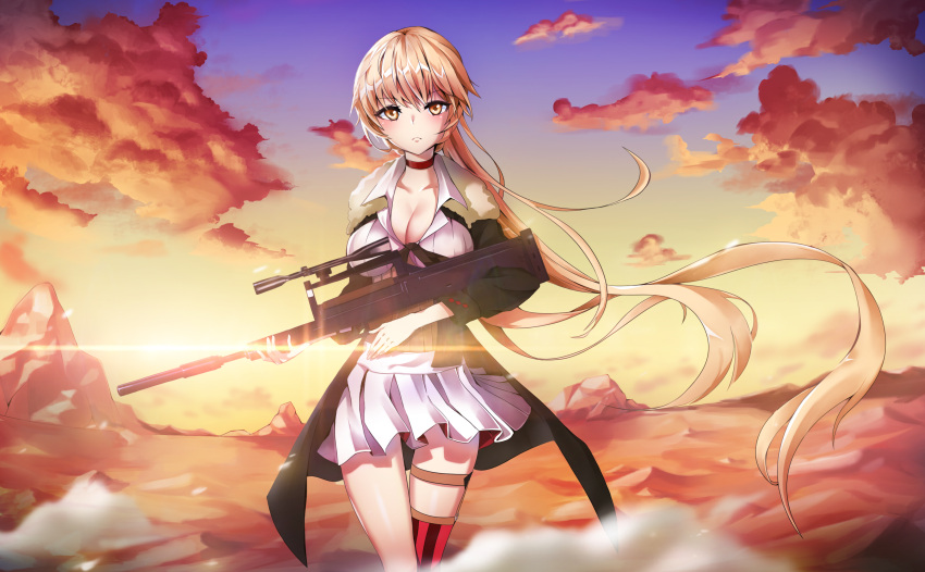 1girl absurdres ag bangs black_coat black_gloves blonde_hair blush braid breasts brown_eyes bullpup choker cleavage closed_mouth clouds coat collared_shirt desert dust dust_cloud evening expressionless eyebrows_visible_through_hair floating_hair fur-trimmed_coat fur_trim garter_straps girls_frontline gloves gun highres holding holding_gun holding_weapon large_breasts long_hair looking_at_viewer ots-14 ots-14_(girls_frontline) pleated_skirt red_choker rifle shirt single_thighhigh skirt sleeves_folded_up solo sunset thigh-highs thighs very_long_hair weapon wind wind_lift yellow_eyes