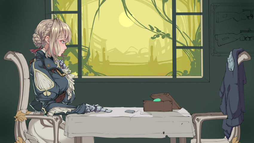1girl absurdres ahoge bangs blonde_hair blue_eyes blue_jacket box braid brooch chair commentary_request di_yi_xing_zian display_case dress eyebrows_visible_through_hair firearm frame from_side gun hair_between_eyes hair_intakes hair_ribbon hand_on_own_chest hand_on_table highres jacket jewelry jewelry_box long_sleeves necklace prosthesis prosthetic_arm prosthetic_hand red_ribbon ribbon rifle scenery sitting solo table violet_evergarden violet_evergarden_(character) weapon window