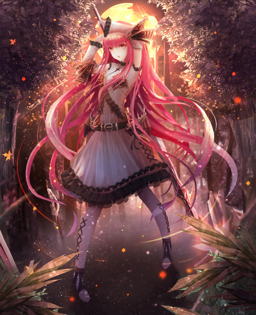 1girl :o absurdres armor arms bangs belt cross cross_necklace detached_sleeves dress forest full_body highres holding holding_sword holding_weapon jewelry long_hair looking_at_viewer momingie nature necklace open_mouth original outdoors red_eyes redhead skirt solo standing sword up very_long_hair weapon