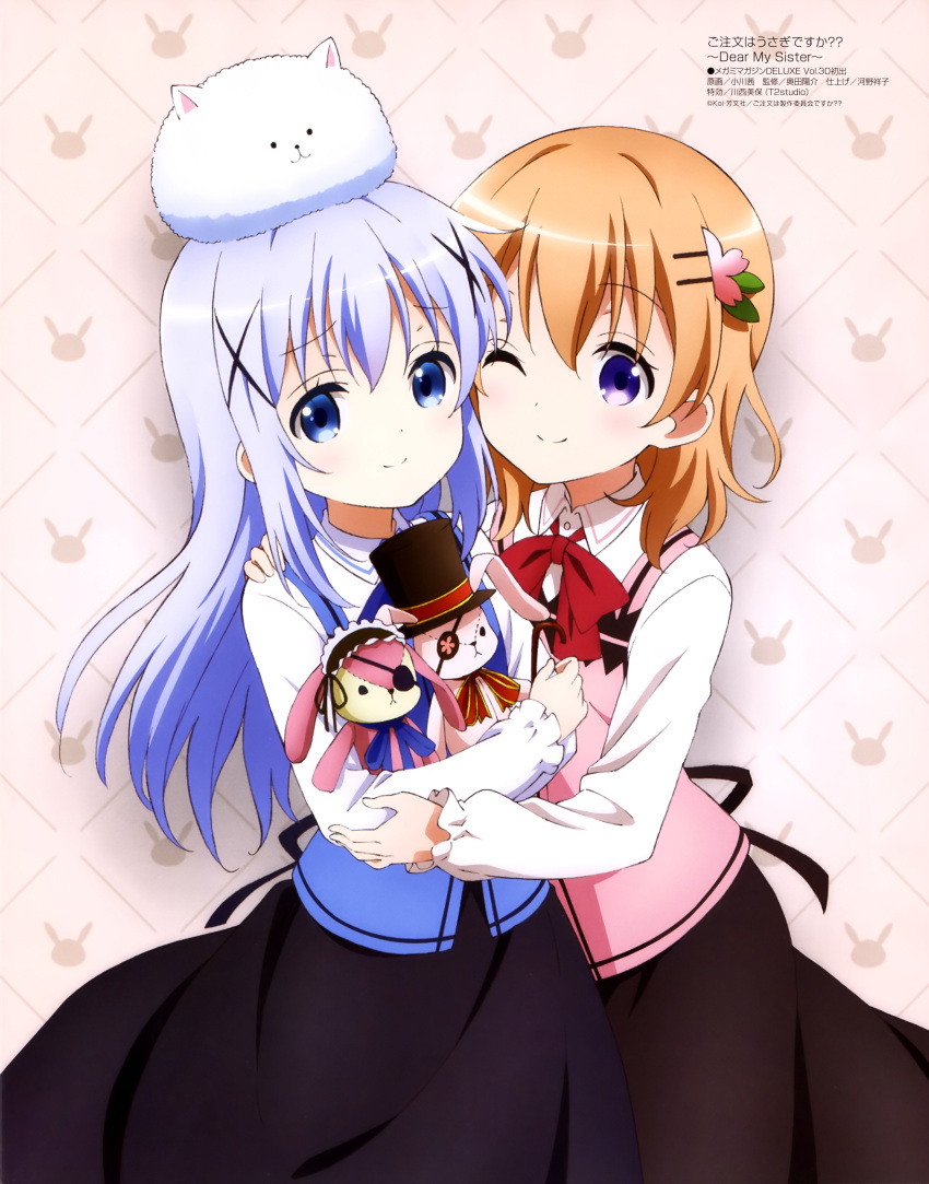 2girls absurdres arms_around_back blue_eyes blue_hair eyepatch gochuumon_wa_usagi_desu_ka? hair_ornament hat highres hoto_cocoa kafuu_chino multiple_girls official_art one_eye_closed orange_hair rabbit_house_uniform simple_background smile stuffed_animal stuffed_bunny stuffed_toy tippy_(gochiusa) top_hat violet_eyes