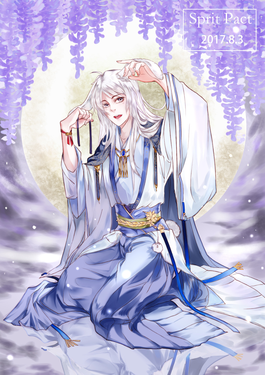 1boy 5yuanfreeperson absurdres animal_ears bell bracelet chinese_clothes copyright_name dated duanmu_luoyue flower highres jewelry long_hair male_focus necklace rabbit_ears sitting solo spiritpact violet_eyes white_hair