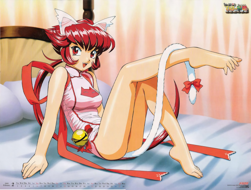 1girl 90s animal_ears animal_print bare_legs barefoot bell bow calendar cat_ears cat_print cat_tail china_dress chinese_clothes chuukana_janshi_tenhou_pai-nyan dress feet long_hair looking_at_viewer official_art on_bed open_mouth ponytail red_eyes redhead shiny shiny_skin sitting sleeveless sleeveless_dress solo sonoda_ken'ichi tail tail_bow tenhou_pai-nyan toes upper_teeth very_long_hair