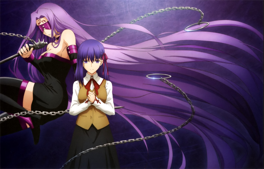 2girls asymmetrical_hair black_dress black_footwear black_legwear black_skirt blindfold boots breasts brown_vest chains choker cleavage collared_shirt cross_print detached_sleeves dress facial_mark fate/stay_night fate_(series) forehead_mark hair_ribbon hands_on_own_chest hands_together heaven's_feel highres holding holding_weapon homurahara_academy_uniform impossible_clothes impossible_dress jumping large_breasts lavender_hair long_hair long_skirt magazine_request matou_sakura medusa_(fate) medusa_(fate)_(all) multiple_girls neck_ribbon official_art one_leg_raised parted_lips pink_ribbon print_neckwear print_ribbon purple_background purple_choker purple_hair red_neckwear red_ribbon ribbon rider sad scan school_uniform shimamura_junpei shirt skirt standing strapless strapless_dress thigh-highs thigh_boots very_long_hair vest violet_eyes weapon weapon_request white_shirt