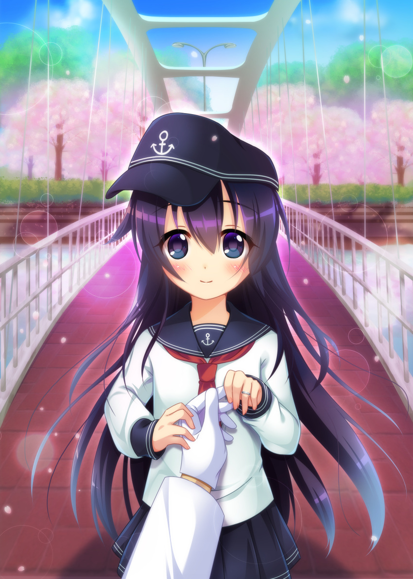 1boy 1girl absurdres admiral_(kantai_collection) akatsuki_(kantai_collection) anchor_symbol badge blue_sky bridge cherry_blossoms clouds flat_cap folded_ponytail gloves hat highres jewelry kantai_collection lamppost long_hair long_sleeves messy_hair military military_uniform naval_uniform neckerchief out_of_frame petals pleated_skirt purple_hair red_neckwear ring rmk school_uniform serafuku skirt sky smile tree uniform violet_eyes wedding_ring white_gloves