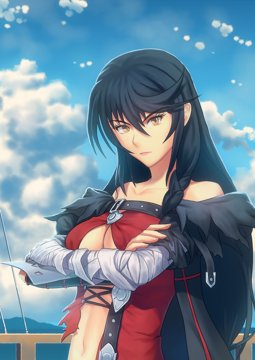 1girl artist_request bandage bandaged_arm black_choker black_hair boat breasts choker collarbone highres long_hair looking_at_viewer medium_breasts sky smile solo tales_of_(series) tales_of_berseria torn_clothes under_boob velvet_crowe very_long_hair watercraft yellow_eyes