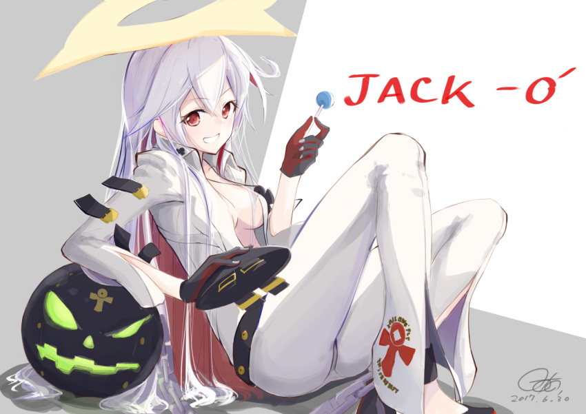 1girl 2017 belt blush breasts candy character_name collared_shirt dated eyebrows_visible_through_hair food gloves gotou_(go_to_1014) grin guilty_gear hair_between_eyes halo holding holding_food jack-o'_valentine jewelry lollipop long_hair medium_breasts necklace number pants red_eyes shirt signature sitting smile two-tone_gloves v-shaped_eyebrows very_long_hair white_hair white_pants white_shirt wing_collar