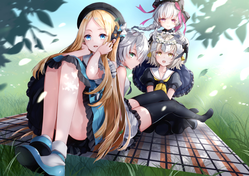 4girls abigail_williams_(fate/grand_order) ahoge back-to-back black_legwear blonde_hair blue_eyes blush braid dress fate/apocrypha fate/extra fate/grand_order fate_(series) gloves grass green_eyes grey_hair hair_ornament hair_ribbon hane_yuki hat head_wreath highres jack_the_ripper_(fate/apocrypha) jeanne_d'arc_(fate)_(all) jeanne_d'arc_alter_santa_lily multiple_girls nursery_rhyme_(fate/extra) open_mouth picnic pink_eyes ribbon short_hair single_braid sitting skirt thigh-highs yellow_eyes