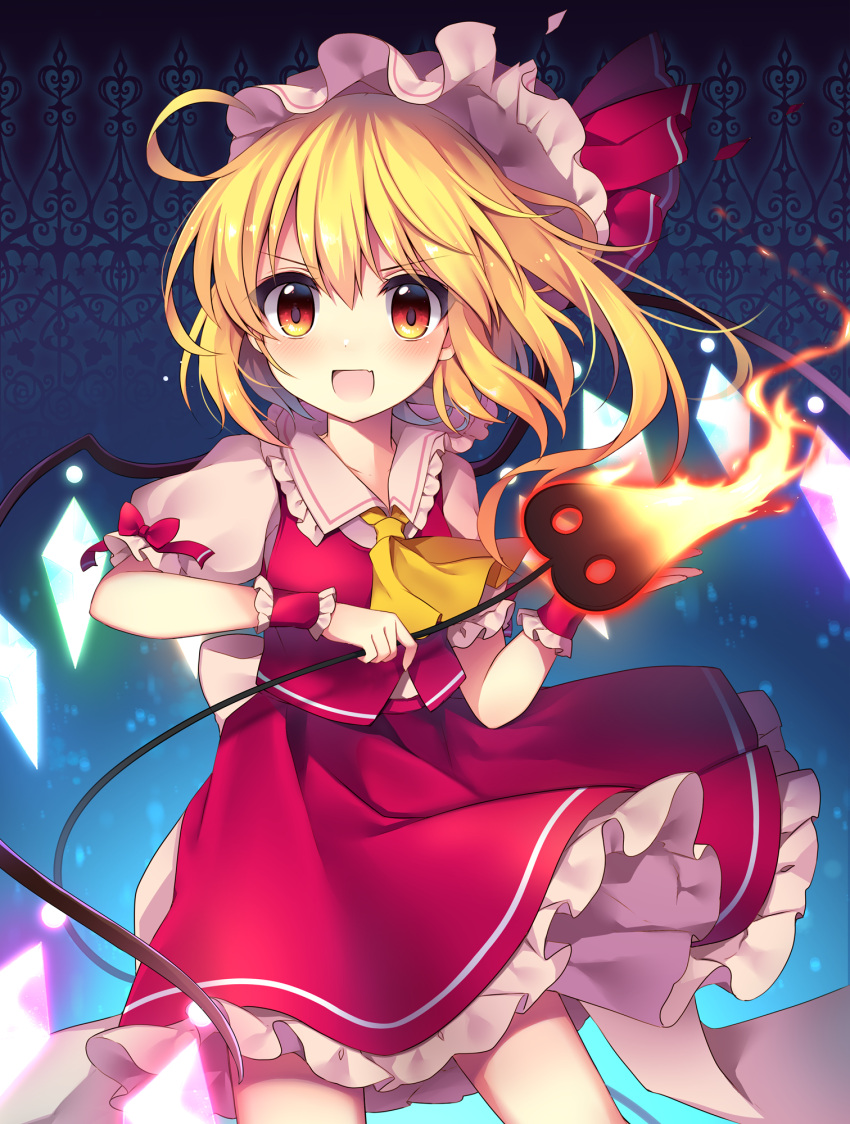 &gt;:d 1girl ascot blonde_hair commentary_request cowboy_shot eyebrows_visible_through_hair fire flandre_scarlet frilled_shirt_collar frills hat hat_ribbon highres holding laevatein looking_at_viewer mob_cap open_mouth petticoat puffy_short_sleeves puffy_sleeves red_eyes red_ribbon red_skirt ribbon ruhika short_hair short_sleeves skirt smile solo standing touhou v-shaped_eyebrows wings wrist_cuffs