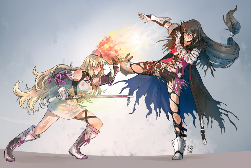 2girls bandage bandaged_arm black_choker black_hair blonde_hair breasts choker collarbone fighting fire gradient_hair green_hair long_hair looking_at_viewer medium_breasts milla_maxwell multicolored_hair multiple_girls navel satou_rina seiyuu_connection shirt smile strapless tales_of_(series) tales_of_berseria tales_of_xillia taut_clothes taut_shirt ticcy torn_clothes tubetop under_boob velvet_crowe very_long_hair yellow_eyes