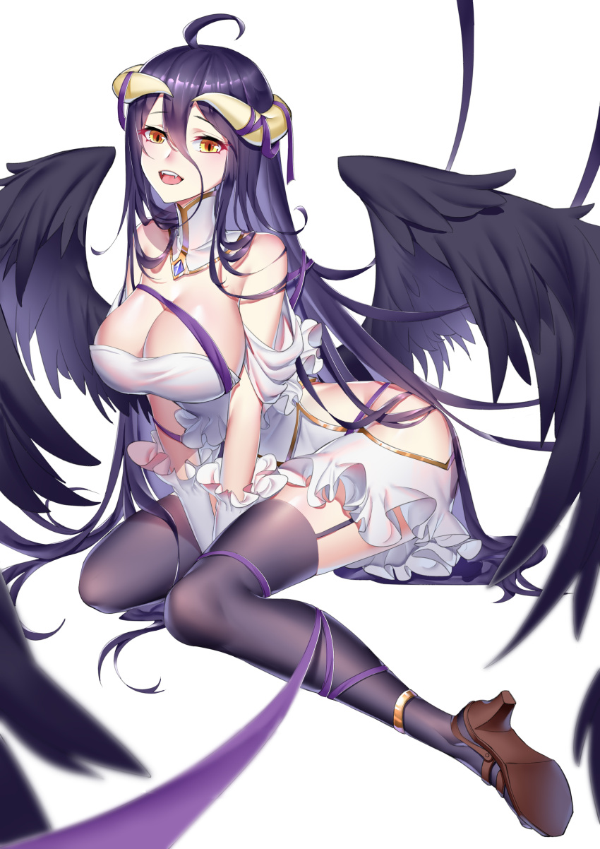 1girl absurdres albedo anklet bare_shoulders between_legs black_hair black_wings boku_koyuki_mx breasts cleavage demon_girl demon_horns demon_wings detached_collar dress fangs feathered_wings feathers frilled_dress frilled_gloves frills garter_straps gloves hair_between_eyes hand_between_legs high_heels highres horns jewelry large_breasts looking_at_viewer low_wings open_mouth overlord_(maruyama) sitting skirt slit_pupils solo strapless strapless_dress thigh-highs tongue white_gloves wings yellow_eyes