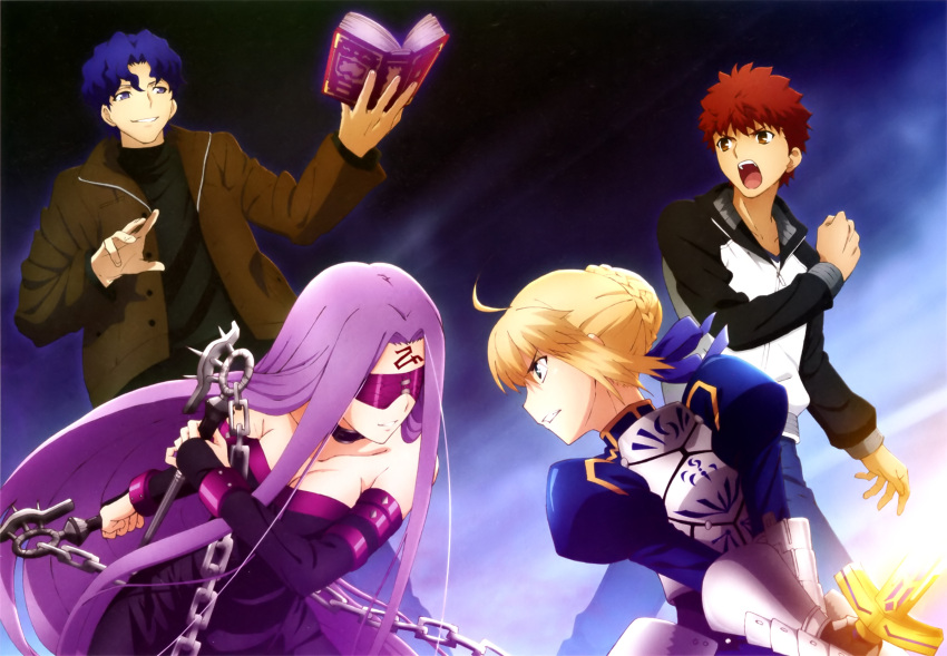 2boys 2girls ahoge armor artoria_pendragon_(all) black_dress black_gloves black_shirt blindfold blonde_hair blue_dress blue_hair blue_pants blue_ribbon book braid breastplate breasts brown_jacket chains choker cleavage clenched_hand collared_jacket detached_sleeves dress emiya_shirou excalibur facial_mark fate/stay_night fate_(series) forehead_mark french_braid gauntlets gloves green_eyes hair_bun hair_ribbon heaven's_feel highres holding holding_book jacket juliet_sleeves large_breasts long_hair long_sleeves magazine_request matou_shinji multiple_boys multiple_girls official_art open_mouth orange_hair pants print_dress puffy_sleeves purple_choker purple_hair raglan_sleeves ribbon rider saber scan shirt smile standing strapless strapless_dress toshima_akikazu turtleneck violet_eyes weapon_request white_jacket white_shirt yellow_eyes