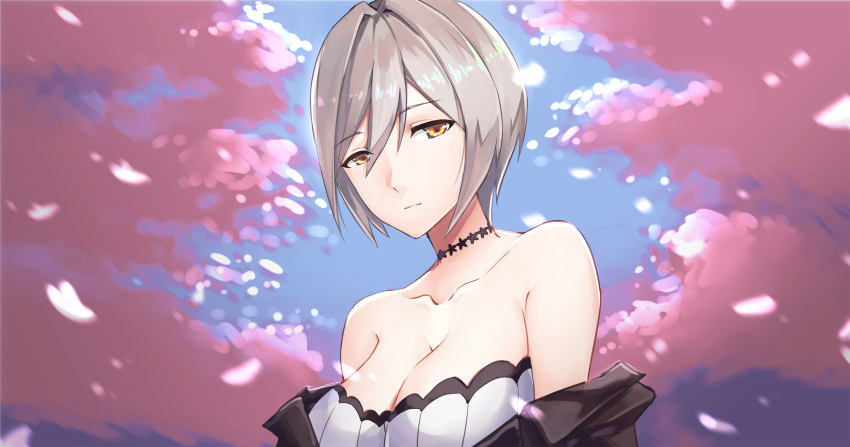 1girl akatsuki_suzumi ballista_(girls_frontline) bangs bare_arms bare_shoulders black_jacket blouse blue_sky blush breasts brown_eyes cherry_blossoms choker cleavage closed_mouth collarbone expressionless eyebrows_visible_through_hair girls_frontline half-closed_eyes highres jacket large_breasts looking_at_viewer off_shoulder petals sidelocks sky wind
